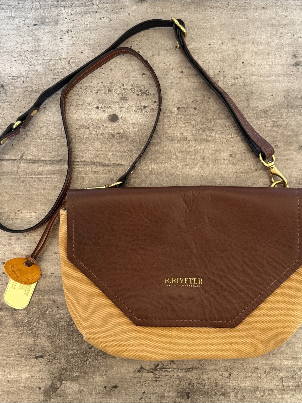 R. Riveter Brown Leather & Tan Canvas Crossbody